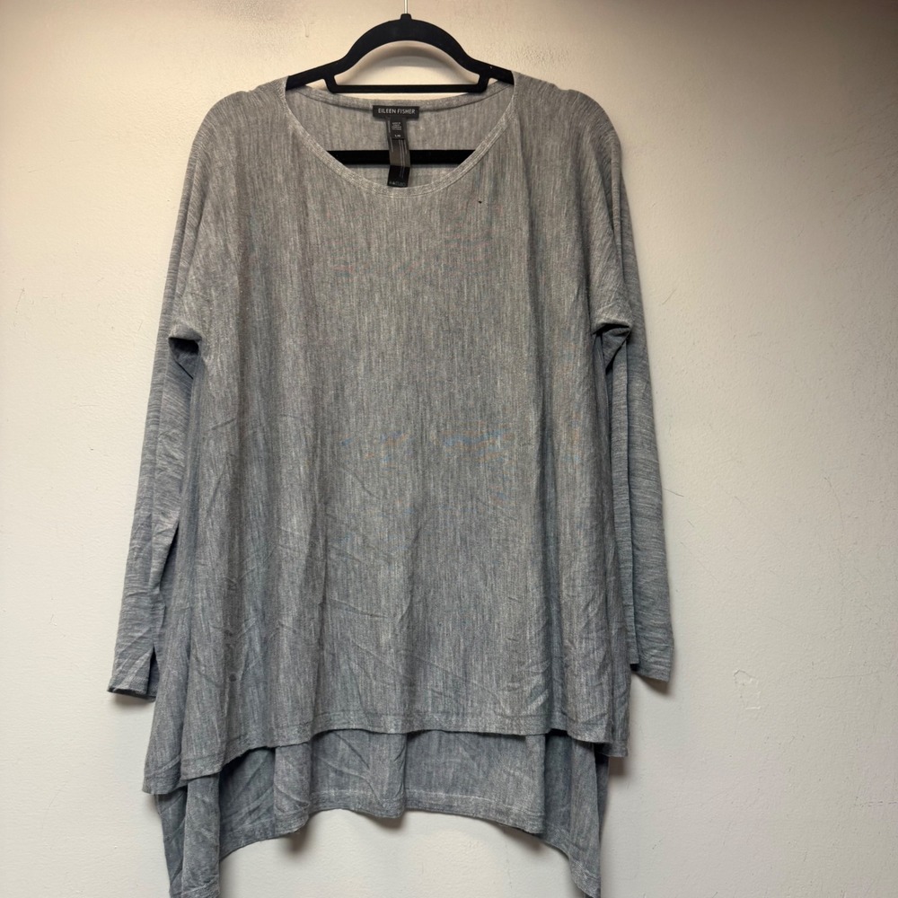 Eileen Fisher Tunic Women L Grey Good Merino Wool High Low Long Sleeve Italy